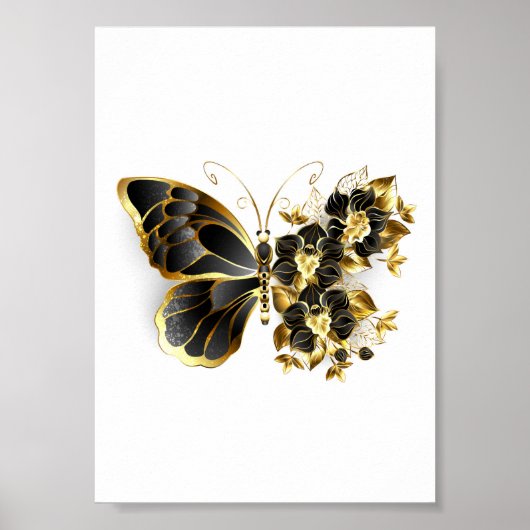 Poster Papillon fleur d'or avec orchidée noire (Devant)