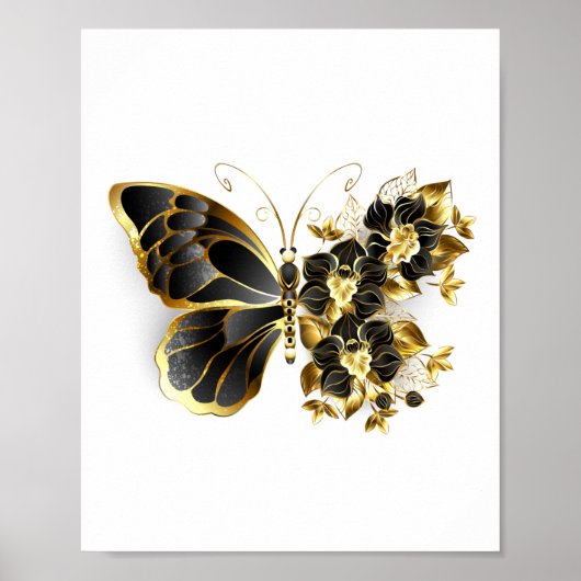 Poster Papillon fleur d'or avec orchidée noire (Devant)