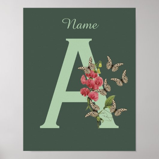 Poster Papillon Fleur Monogramme Initiale A Personnalisé (Devant)
