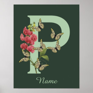 Poster Papillon Fleur Monogramme Initiale P Personnalisé