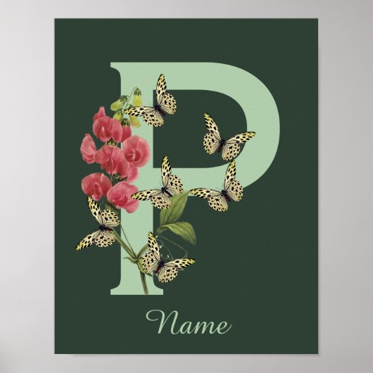 Poster Papillon Fleur Monogramme Initiale P Personnalisé (Devant)