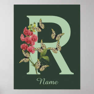 Poster Papillon Fleur Monogramme Initiale R Personnalisé