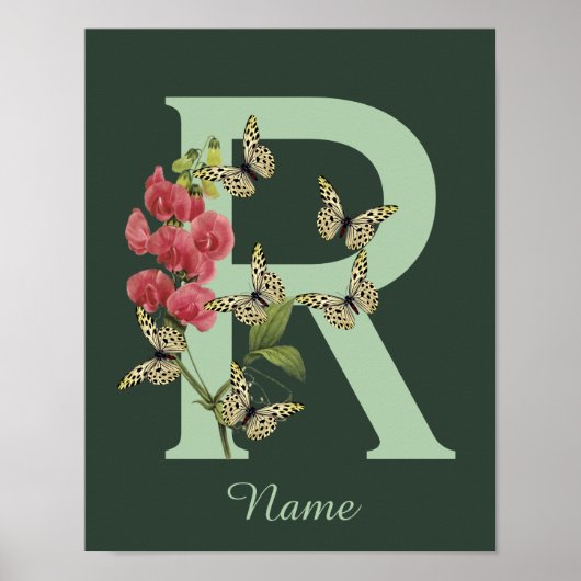 Poster Papillon Fleur Monogramme Initiale R Personnalisé (Devant)