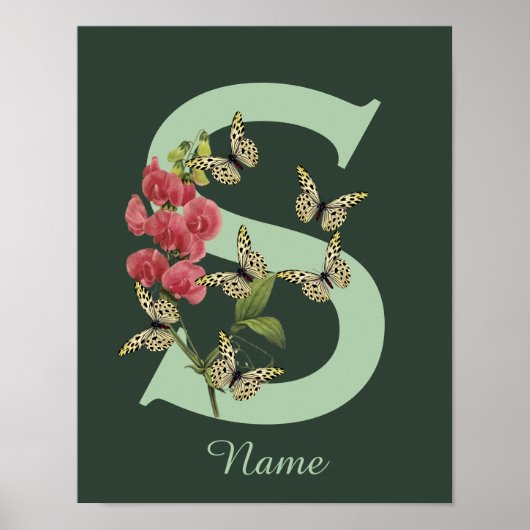Poster Papillon Fleur Monogramme Initiale S Personnalisé (Devant)