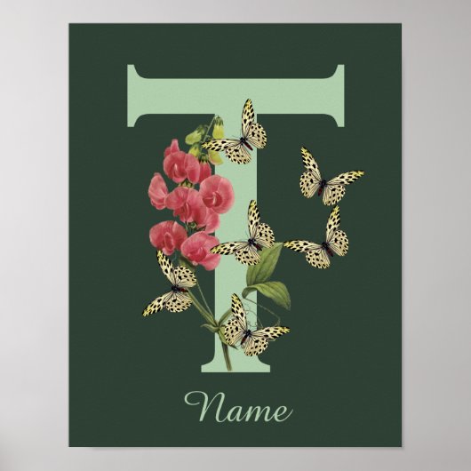 Poster Papillon Fleur Monogramme Initiale T Personnalisé (Devant)