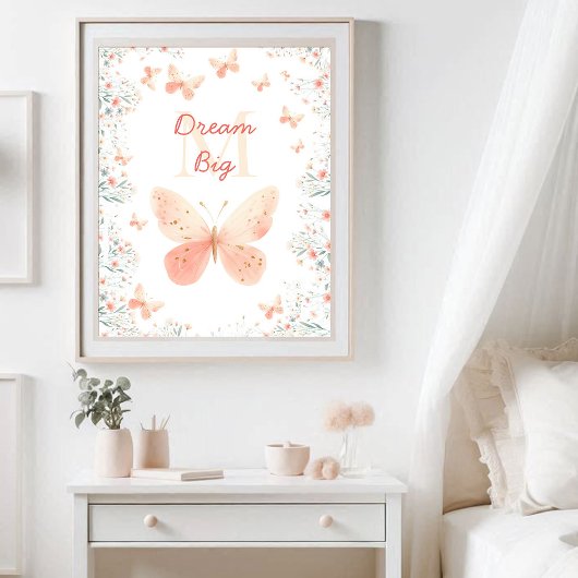 Poster Papillon Fleur sauvage Coral Monogramme Inspiratio
