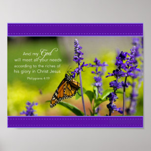 Poster Papillon, fleurs pourpres