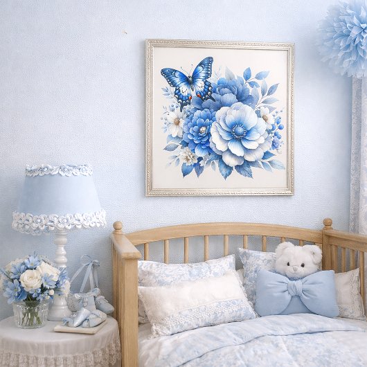Poster Papillon Floral Bleu Cottage