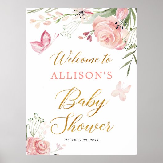 Poster Papillon floral fille baby shower signe de bienven (Devant)