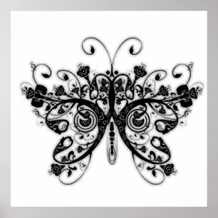 Poster Papillon floral - Noir & Blanc