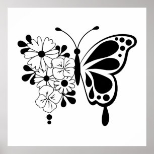 Poster Papillon floral noir et blanc