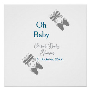 Poster Papillon gris bleu baby shower oh bébé moderne tex