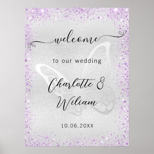 Poster papillon lavande mariage en argent bienvenue (Devant)