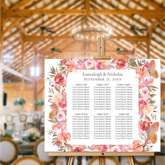 Poster Papillon Mariage Coral Boho Floral Seating Chart