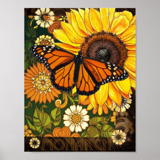 Poster Papillon Monarque et Tournesol Collage Vintage (Devant)