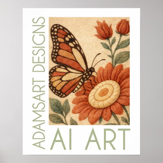 Poster Papillon Monarque Fleur Art Populaire Feutré (Devant)