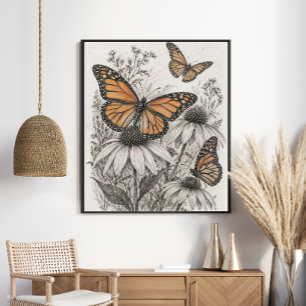 Poster Papillon Monarque Fleur de Coneflower Fleur Sauvag