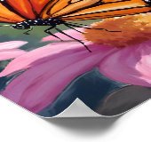 Poster Papillon Monarque Fleur Rose Peinture Florale (Coin)