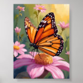 Poster Papillon Monarque Fleur Rose Peinture Florale (Devant)