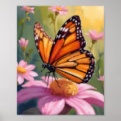 Poster Papillon Monarque Fleur Rose Peinture Florale (Devant)