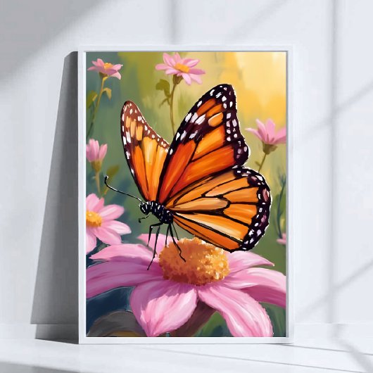 Poster Papillon Monarque Fleur Rose Peinture Florale