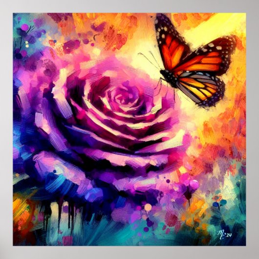 Poster Papillon monarque sur Rose violet au soleil coucha (Devant)