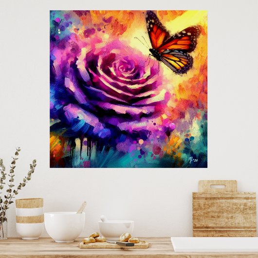 Poster Papillon monarque sur Rose violet au soleil coucha (Cuisine)