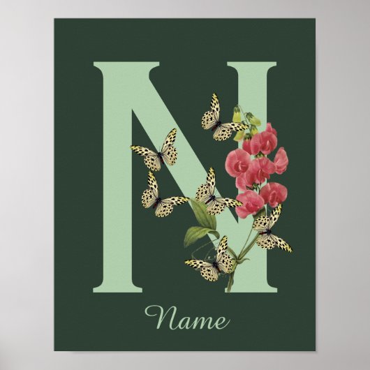 Poster Papillon Monogramme Fleur Initiale N Personnalisé (Devant)