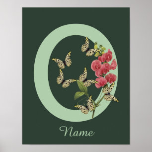 Poster Papillon Monogramme Fleur Initiale O Personnalisé