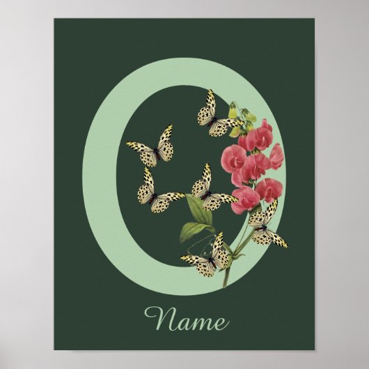 Poster Papillon Monogramme Fleur Initiale O Personnalisé (Devant)