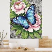 Poster Papillon Morpho Bleu Art Floral Botanique (Cuisine)