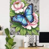 Poster Papillon Morpho Bleu Art Floral Botanique (Bureau à domicile)