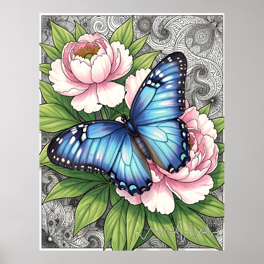 Poster Papillon Morpho Bleu Art Floral Botanique (Devant)