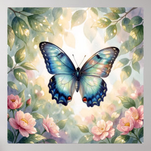Poster Papillon Morpho Bleu Floral Botanique Aquarelle