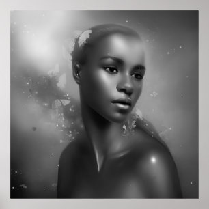 Poster Papillon noir blanc femme africaine monochrome 2