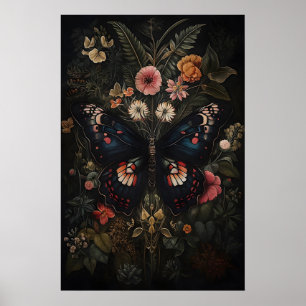 Poster Papillon Noir Dans Jardin De Fleurs Sombres, Papil