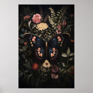Poster Papillon noir dans un jardin de fleurs sombre, pap
