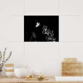 Poster Papillon noir et blanc et fleurs à l'art nocturne (Cuisine)