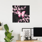 Poster Papillon Noir Rose Et Fleurs De Cerisiers (Bureau à domicile)