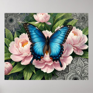 Poster Papillon Papilio Bleu avec Art Floral de Pivoines