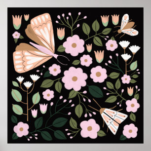 Poster Papillon papillon noir rose Boho