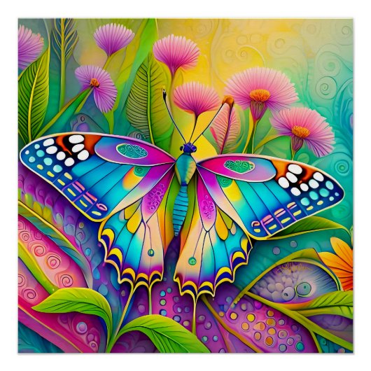 Poster Papillon Psychédélique Coloré et Fleurs Sauvages (Devant)