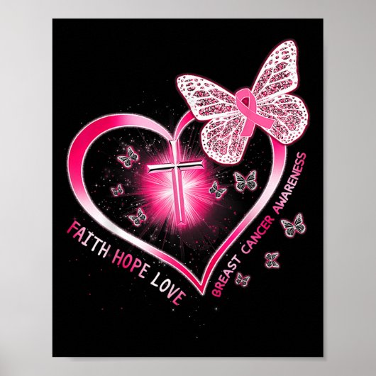 Poster Papillon rose Croix Foi Espoir Amour Cancer du sei (Devant)