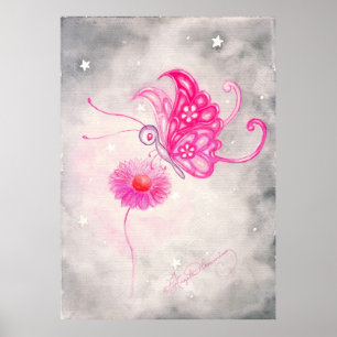 Poster Papillon rose d'imaginaire sur la marguerite