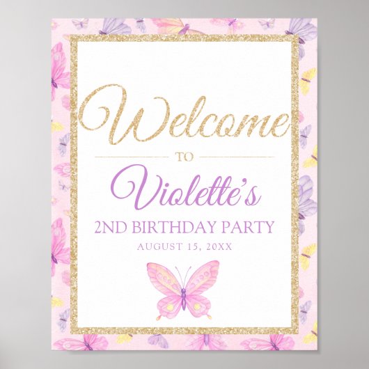 Poster Papillon rose et violet Accueil pour la fête d'ann (Devant)