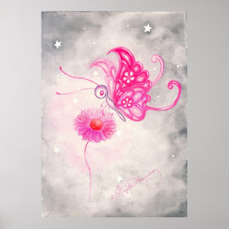 Poster Papillon rose Imaginaire sur la marguerite