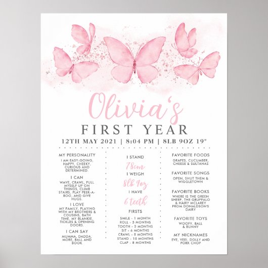 Poster Papillon rose joli 1er Anniversaire Jalon (Devant)