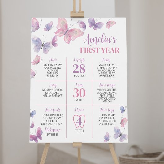 Poster Papillon rose pourpre Premier anniversaire Jalon