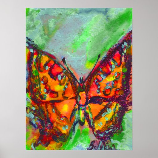 POSTER PAPILLON ROUGE DANS DES ÉCLATS BLEUS VERTS SAPHIR (Devant)