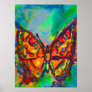 POSTER PAPILLON ROUGE DANS DES ÉTOILES BLEU VERT TEAL OR